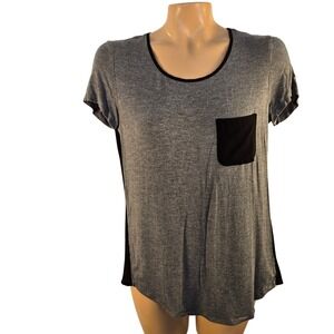 Tahari Gray Black Dressy Accent Pocket Short Sleeve Top Small‎ Flowy Colorblock